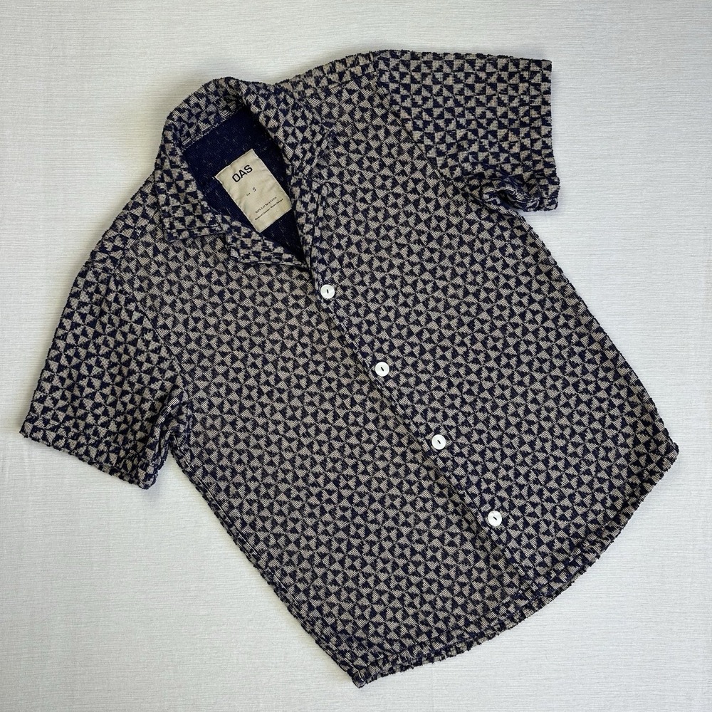 OAS Soft Terry Cloth Button Up Shirt Camp SS Mens S Blue Beige Triangle AOP Knit